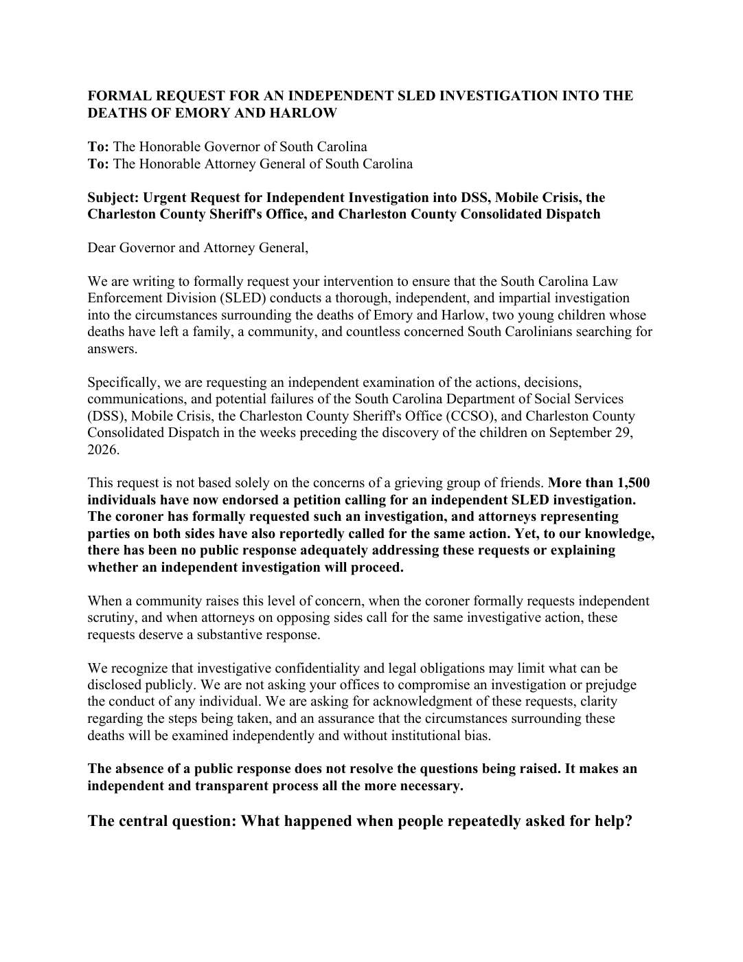 First page of The request for an independent investigation.