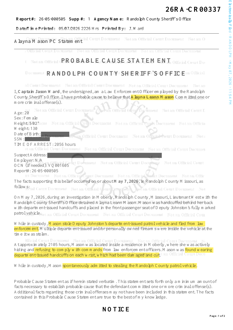 First page of the supplied Alayna Mason: patrol-vehicle incident statement