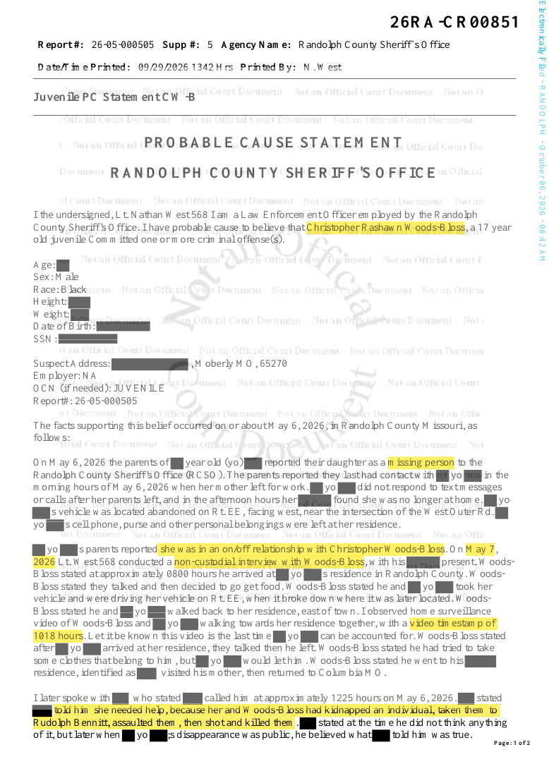 First page of the supplied Christopher Woods-Bloss statement