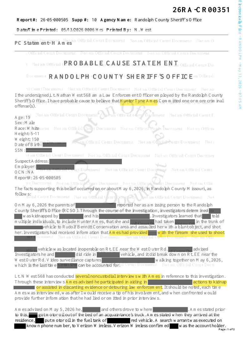 First page of the supplied Hunter Ames statement