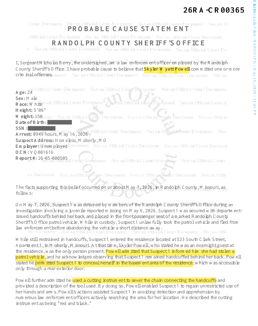 First page of the supplied Skyler Powell: related investigation statement