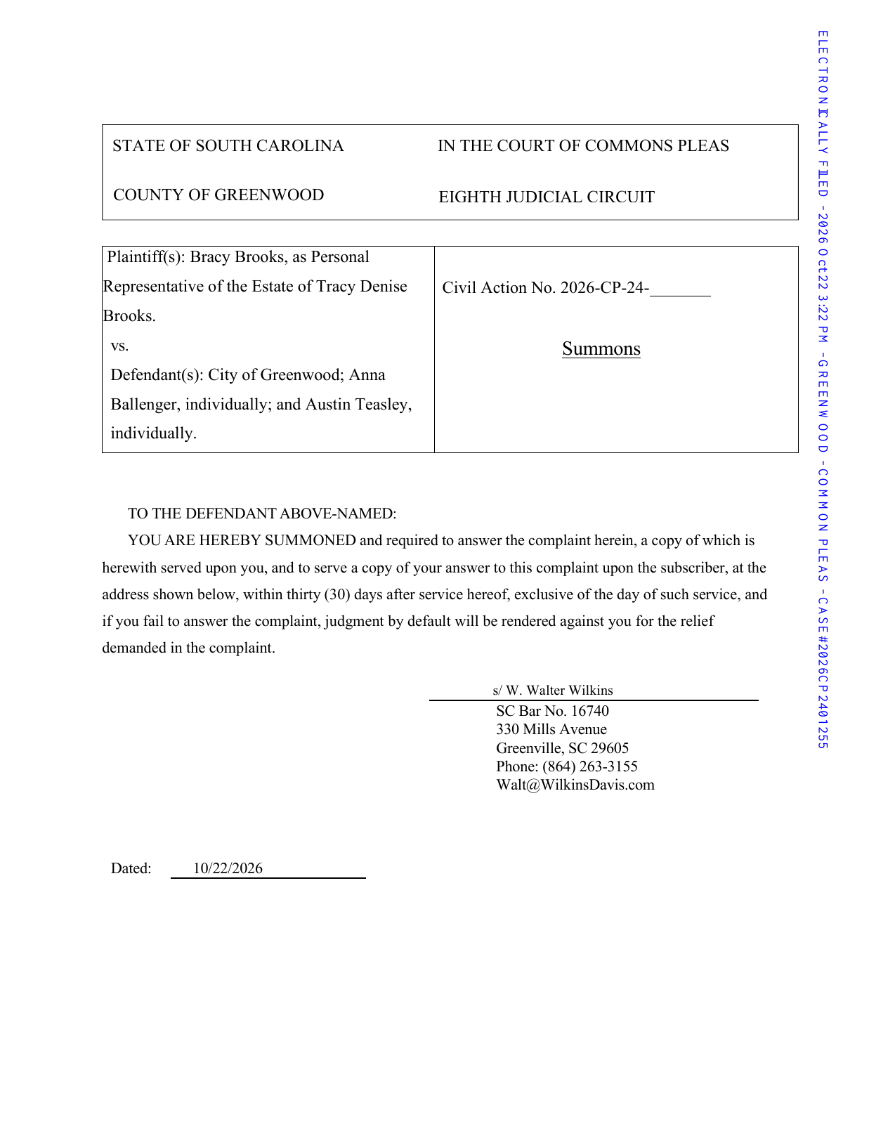 First page of the court filing: summons in Bracy Brooks, as personal representative of the estate of Tracy Denise Brooks, v. City of Greenwood, Anna Ballenger, and Austin Teasley